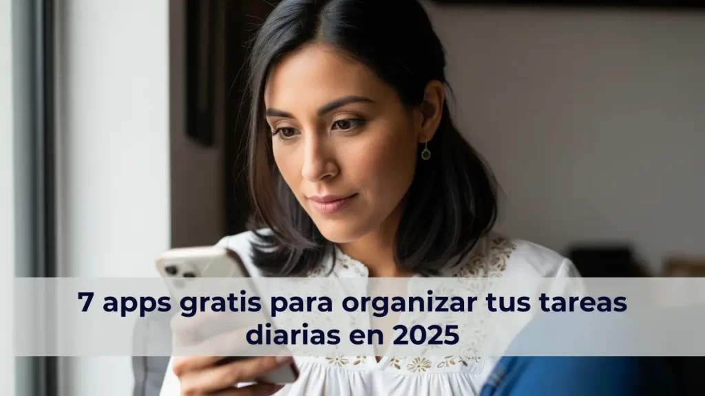 Mujer usando apps para organizar tareas en su celular en 2025