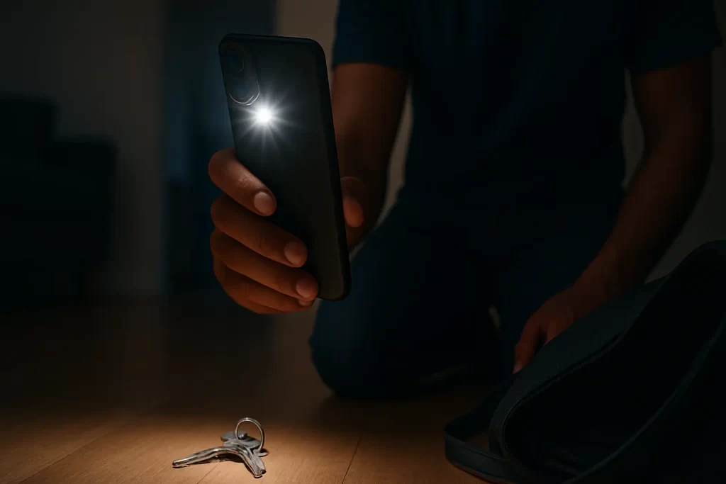 Luz de linterna encendida en un celular moderno, iluminando el ambiente en un lugar oscuro.