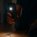 Luz de linterna encendida en un celular moderno, iluminando el ambiente en un lugar oscuro.