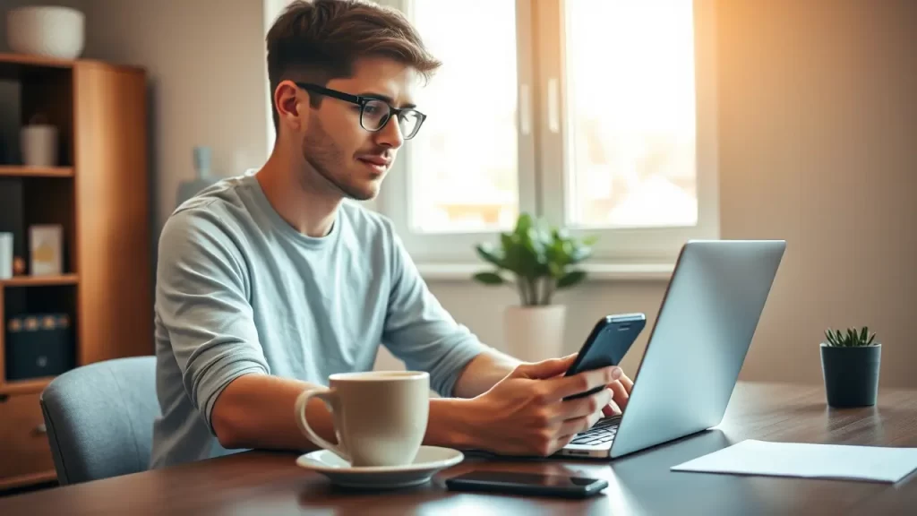Hombre joven usando una app para recibir pagos desde su celular mientras trabaja en su laptop.
