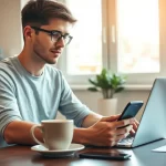 Hombre joven usando una app para recibir pagos desde su celular mientras trabaja en su laptop.