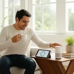 Persona usando un asistente inteligente en casa para simplificar su rutina y controlar dispositivos del hogar.