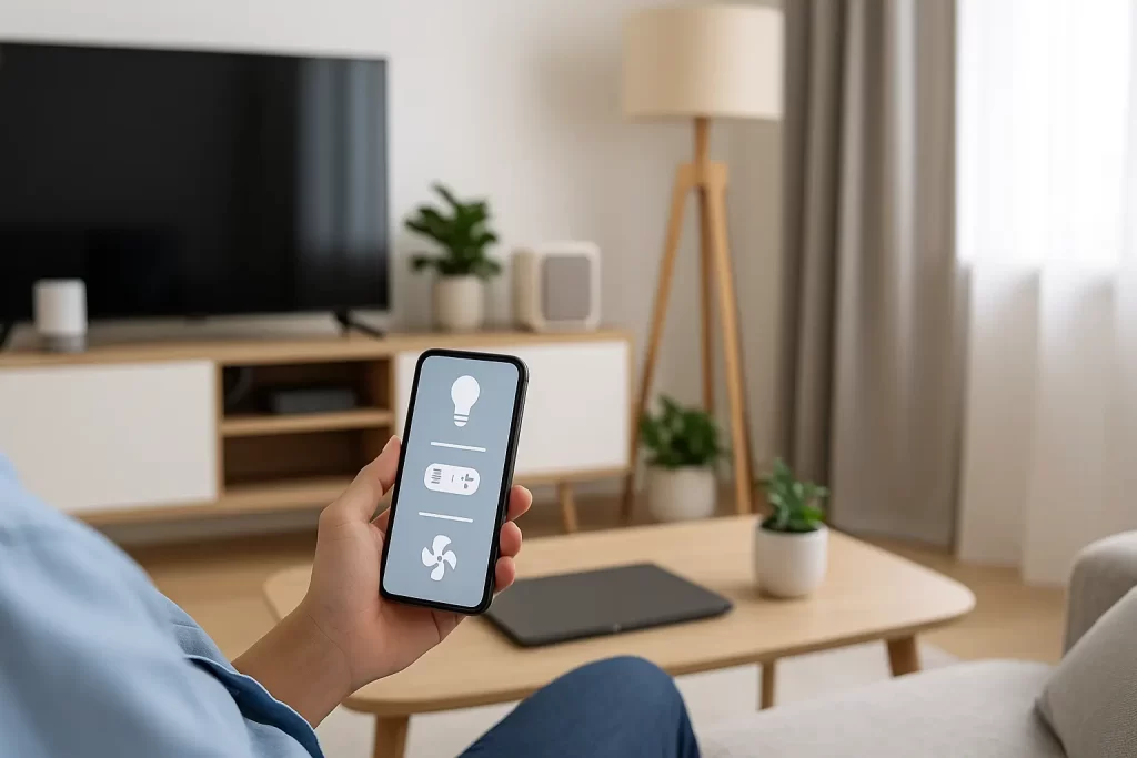 Sala moderna con dispositivos inteligentes controlados por celular, representando un hogar cómodo y tecnológico.