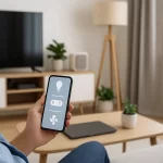 Sala moderna con dispositivos inteligentes controlados por celular, representando un hogar cómodo y tecnológico.