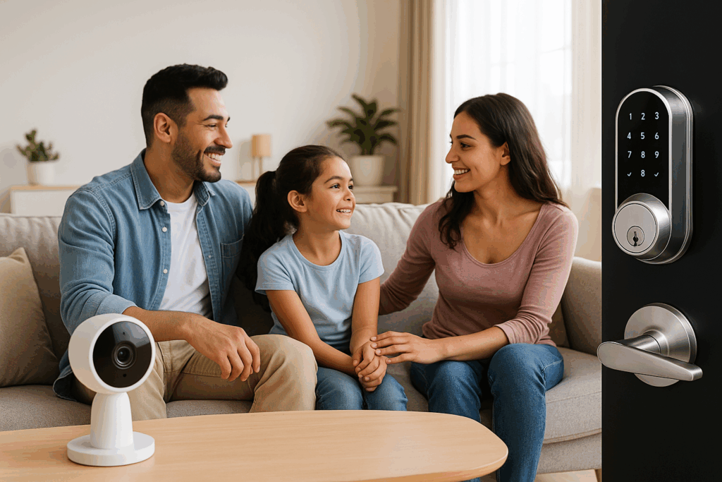Familia mexicana en una sala moderna utilizando dispositivos inteligentes como cámara y cerradura digital para mejorar la seguridad del hogar.
