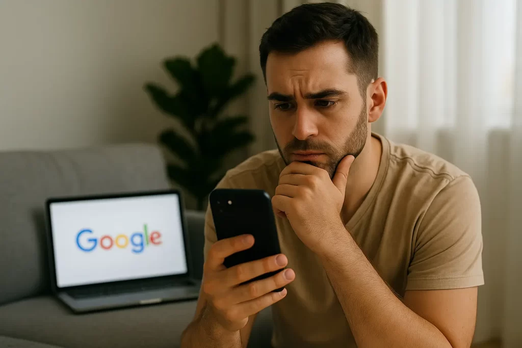 Persona revisando su teléfono móvil con preocupación mientras observa cómo Google rastrea su actividad diaria.