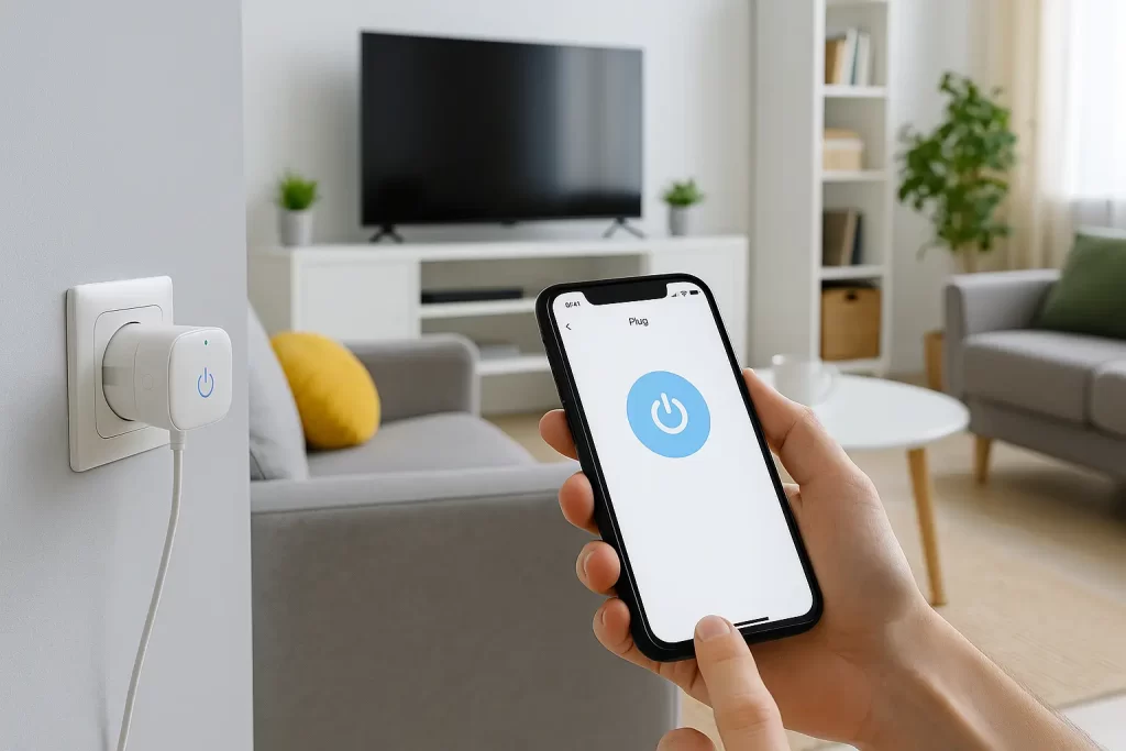 Mujer mexicana usando tecnología inteligente para controlar aparatos y ahorrar energía en su hogar.