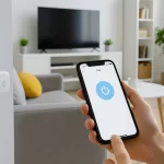 Mujer mexicana usando tecnología inteligente para controlar aparatos y ahorrar energía en su hogar.