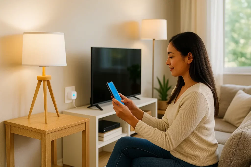Mujer mexicana controlando dispositivos inteligentes en su hogar moderno con luz natural.