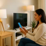 Mujer mexicana controlando dispositivos inteligentes en su hogar moderno con luz natural.