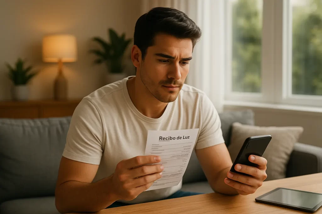 Hombre joven revisando su recibo de luz en casa mientras controla su consumo desde el celular, representando soluciones inteligentes para reducir el gasto energético.