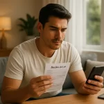 Hombre joven revisando su recibo de luz en casa mientras controla su consumo desde el celular, representando soluciones inteligentes para reducir el gasto energético.