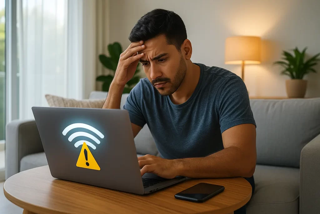 Hombre usando su laptop en casa, revisando la seguridad de su red Wi-Fi para proteger sus datos personales.