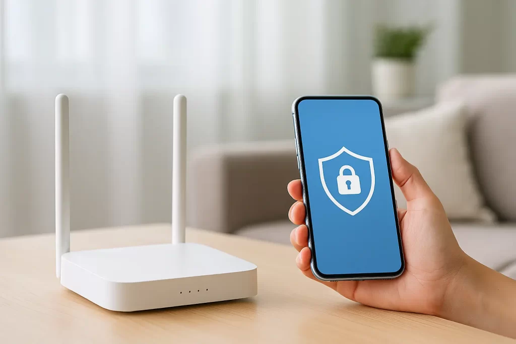 Persona usando un smartphone y una laptop en casa con un router moderno, representando seguridad digital y privacidad en el hogar.