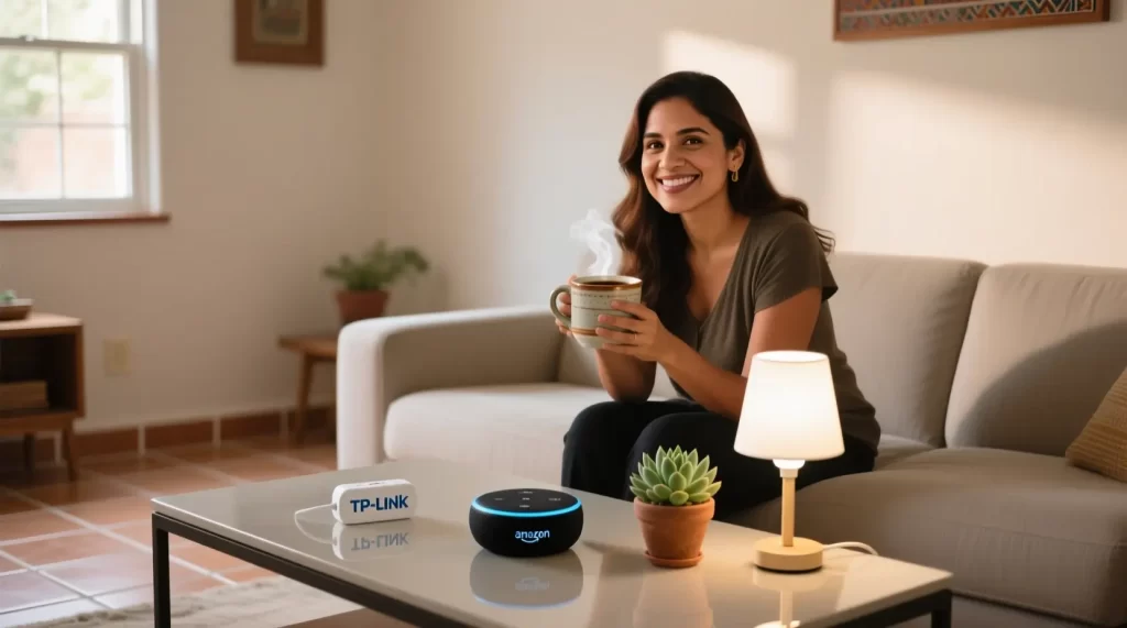 Mujer mexicana en sala de estar moderna con enchufe inteligente, lámpara con bombilla LED inteligente y altavoz Echo Dot sobre mesa de centro
