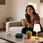 Mujer mexicana en sala de estar moderna con enchufe inteligente, lámpara con bombilla LED inteligente y altavoz Echo Dot sobre mesa de centro