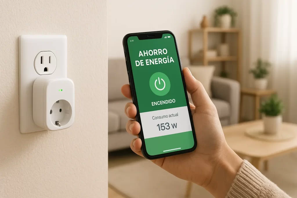 Persona controlando un enchufe inteligente desde su celular para reducir el consumo de energía en un hogar moderno en México.