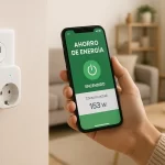 Persona controlando un enchufe inteligente desde su celular para reducir el consumo de energía en un hogar moderno en México.