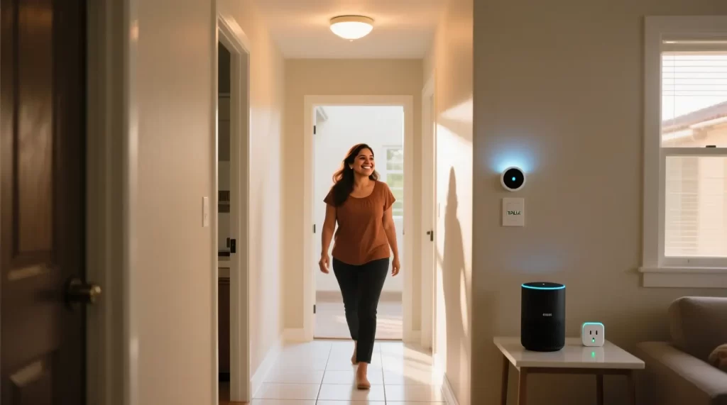 Mujer mexicana sonriendo en pasillo de casa moderna mientras luces se encienden solas con sensor de movimiento y enchufe inteligente