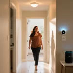 Mujer mexicana sonriendo en pasillo de casa moderna mientras luces se encienden solas con sensor de movimiento y enchufe inteligente