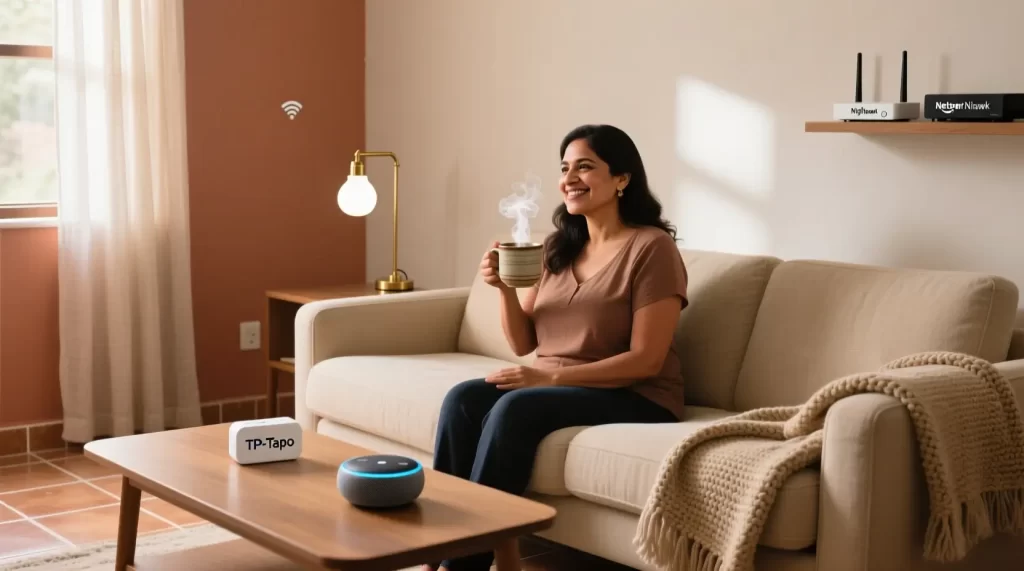 Mujer mexicana satisfecha en sala de estar moderna con dispositivos inteligentes TP-Link, Echo Dot y bombilla LED sobre mesa