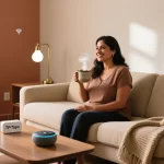Mujer mexicana satisfecha en sala de estar moderna con dispositivos inteligentes TP-Link, Echo Dot y bombilla LED sobre mesa