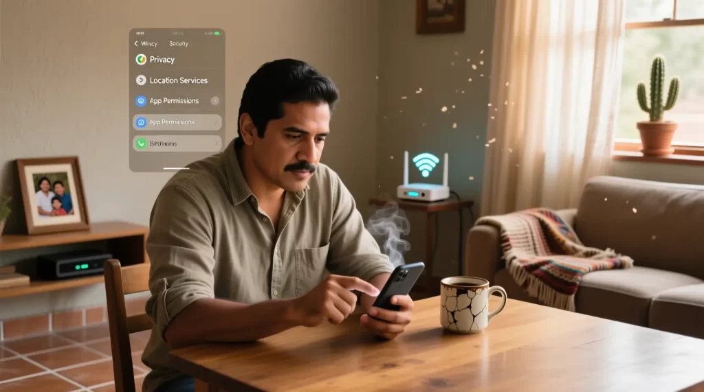 Hombre mexicano configurando ajustes de seguridad en smartphone en sala de estar moderna y segura