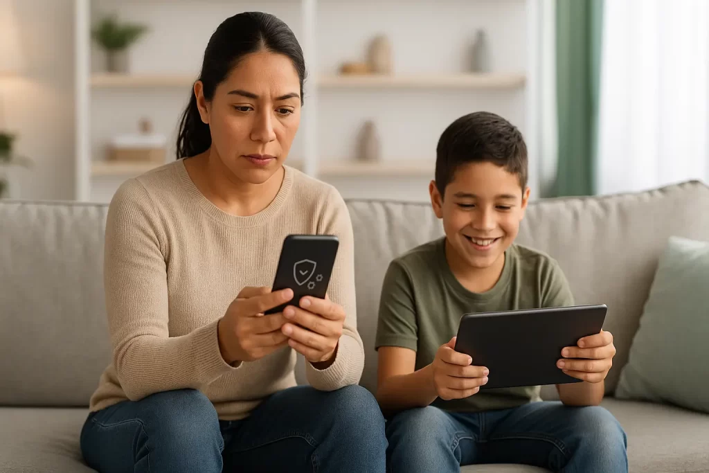 Padre mexicano configurando controles parentales en su celular mientras su hijo juega con una tablet