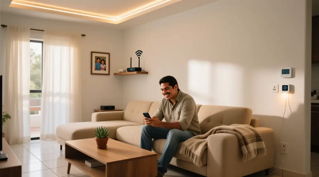 Hombre mexicano usando smartphone para controlar luces y enchufes inteligentes en sala de estar de casa moderna y acogedora