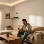 Hombre mexicano usando smartphone para controlar luces y enchufes inteligentes en sala de estar de casa moderna y acogedora