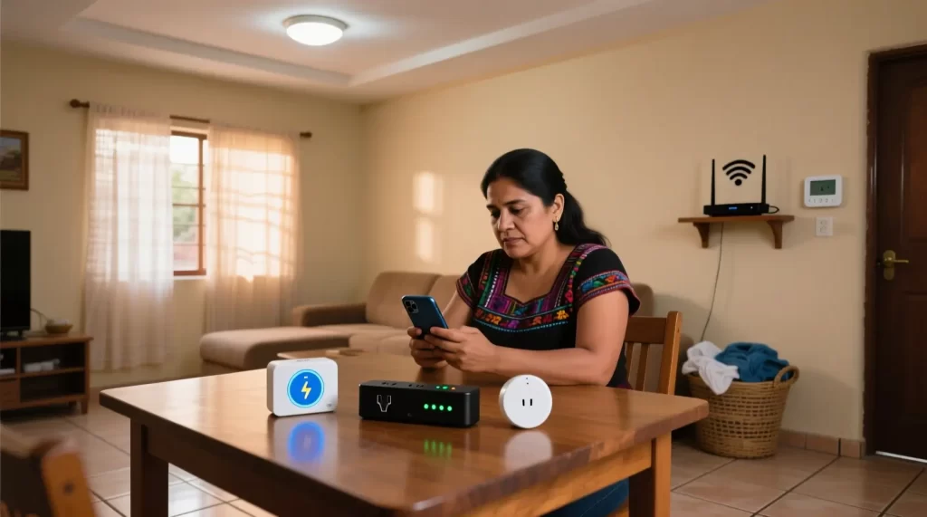 Mujer mexicana revisando app de consumo eléctrico en smartphone junto a dispositivos TP-Link, Meross y sensor Xiaomi en sala de clase media