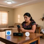 Mujer mexicana revisando app de consumo eléctrico en smartphone junto a dispositivos TP-Link, Meross y sensor Xiaomi en sala de clase media