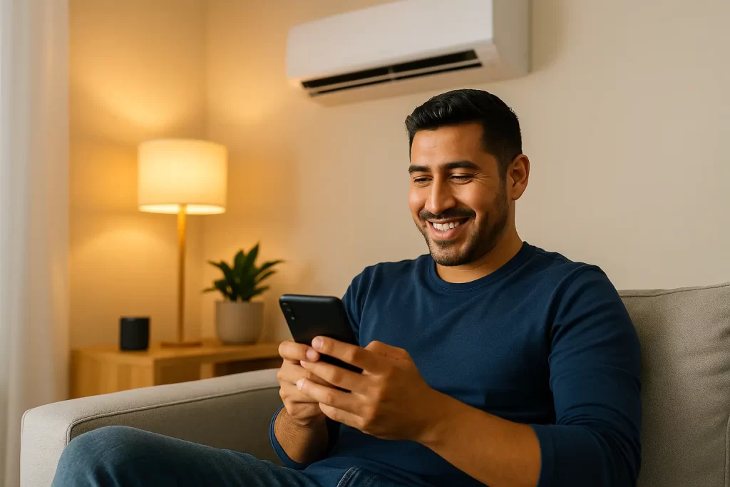 Hombre mexicano usando su celular para controlar dispositivos domóticos en su hogar moderno con aire acondicionado y luz ambiental, representando la comodidad del hogar inteligente.