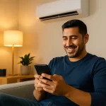 Hombre mexicano usando su celular para controlar dispositivos domóticos en su hogar moderno con aire acondicionado y luz ambiental, representando la comodidad del hogar inteligente.