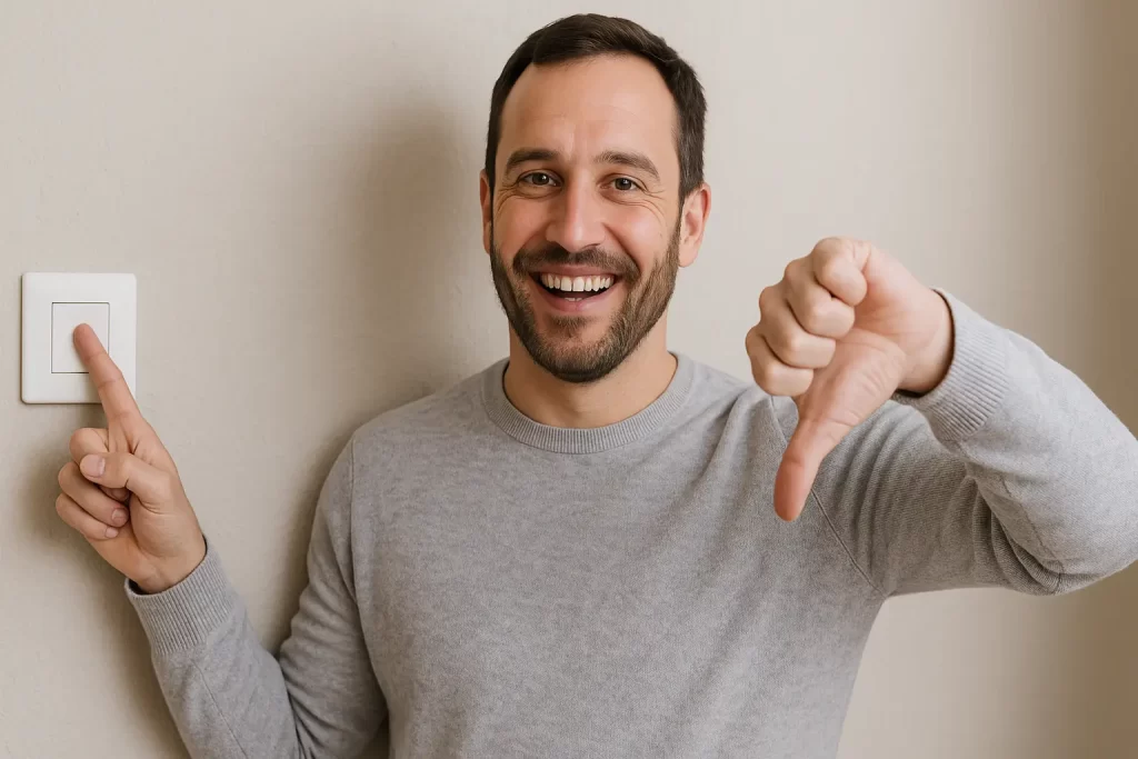 Hombre mexicano apagando la luz de su casa desde el celular para ahorrar energía con tecnología domótica.