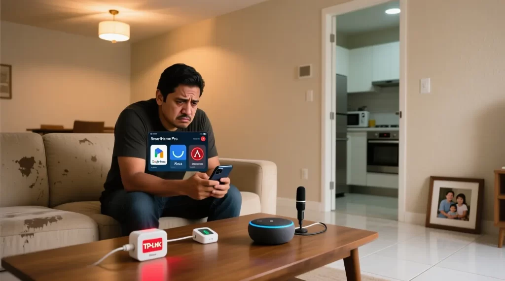 Hombre mexicano frustrado con varias apps de dispositivos inteligentes en su smartphone, sentado en sala de estar de casa moderna