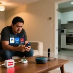 Hombre mexicano frustrado con varias apps de dispositivos inteligentes en su smartphone, sentado en sala de estar de casa moderna