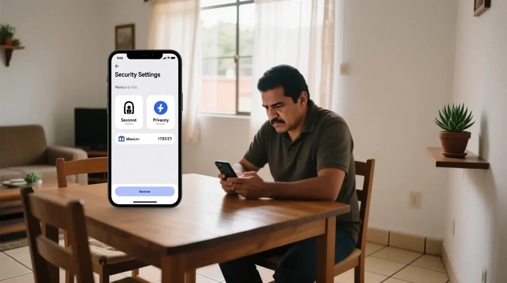 Hombre mexicano revisando seguridad de cuenta en smartphone con apps de Mercado Libre y Banorte en pantalla