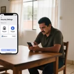 Hombre mexicano revisando seguridad de cuenta en smartphone con apps de Mercado Libre y Banorte en pantalla