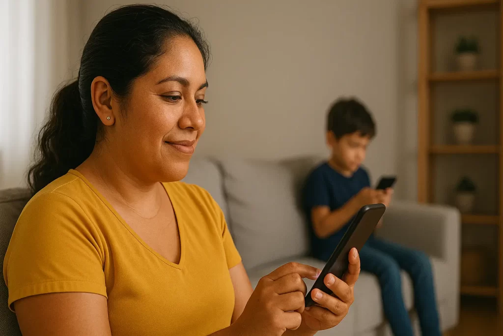 Madre mexicana usando una tablet con su hijo, configurando Family Link con íconos de Google al fondo