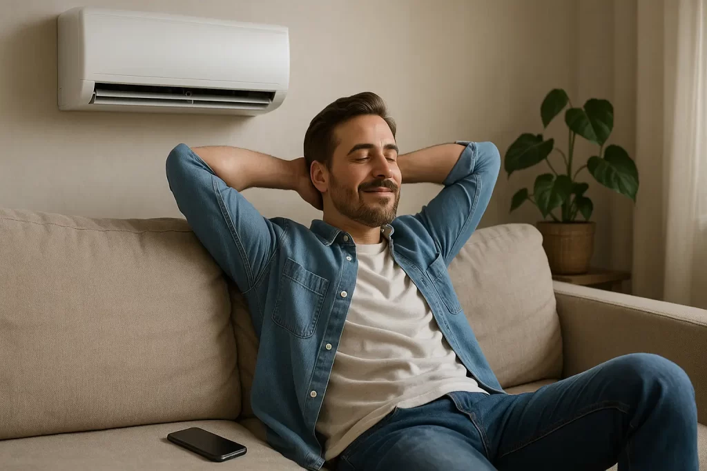 Hombre mexicano relajado en el sofá de su hogar inteligente con el aire acondicionado encendido, representando el confort y la eficiencia de la tecnología domótica en casa.