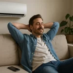 Hombre mexicano relajado en el sofá de su hogar inteligente con el aire acondicionado encendido, representando el confort y la eficiencia de la tecnología domótica en casa.