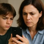 Madre preocupada revisando el celular de su hijo adolescente en busca de una app espía.