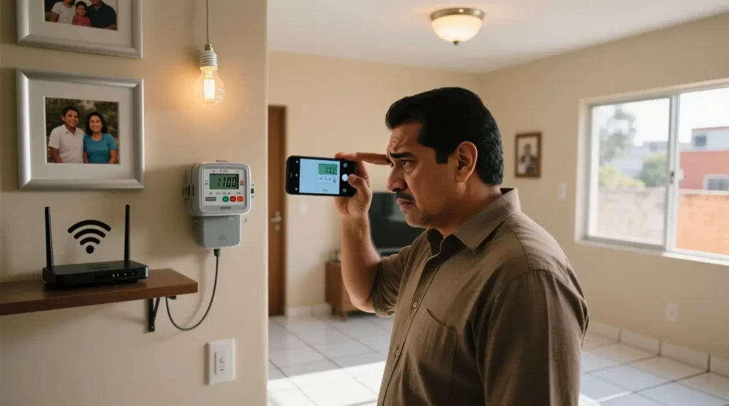 Hombre mexicano revisando medidor de luz digital en casa durante prueba casera para detectar fallas