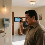 Hombre mexicano revisando medidor de luz digital en casa durante prueba casera para detectar fallas