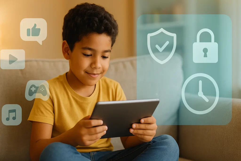Niño mexicano usando una tablet con íconos de seguridad y control parental, representando protección digital y bienestar familiar.