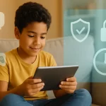 Niño mexicano usando una tablet con íconos de seguridad y control parental, representando protección digital y bienestar familiar.