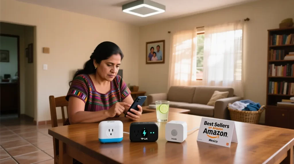 Mujer mexicana revisando app de ahorro de luz junto a productos TP-Link, Meross y Xiaomi más vendidos en Amazon México