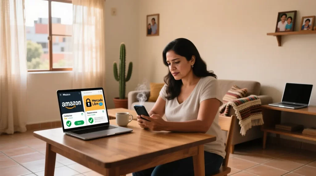 Mujer mexicana revisando compras online en smartphone con app de Amazon México y Mercado Libre en pantalla segura