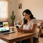 Mujer mexicana revisando compras online en smartphone con app de Amazon México y Mercado Libre en pantalla segura
